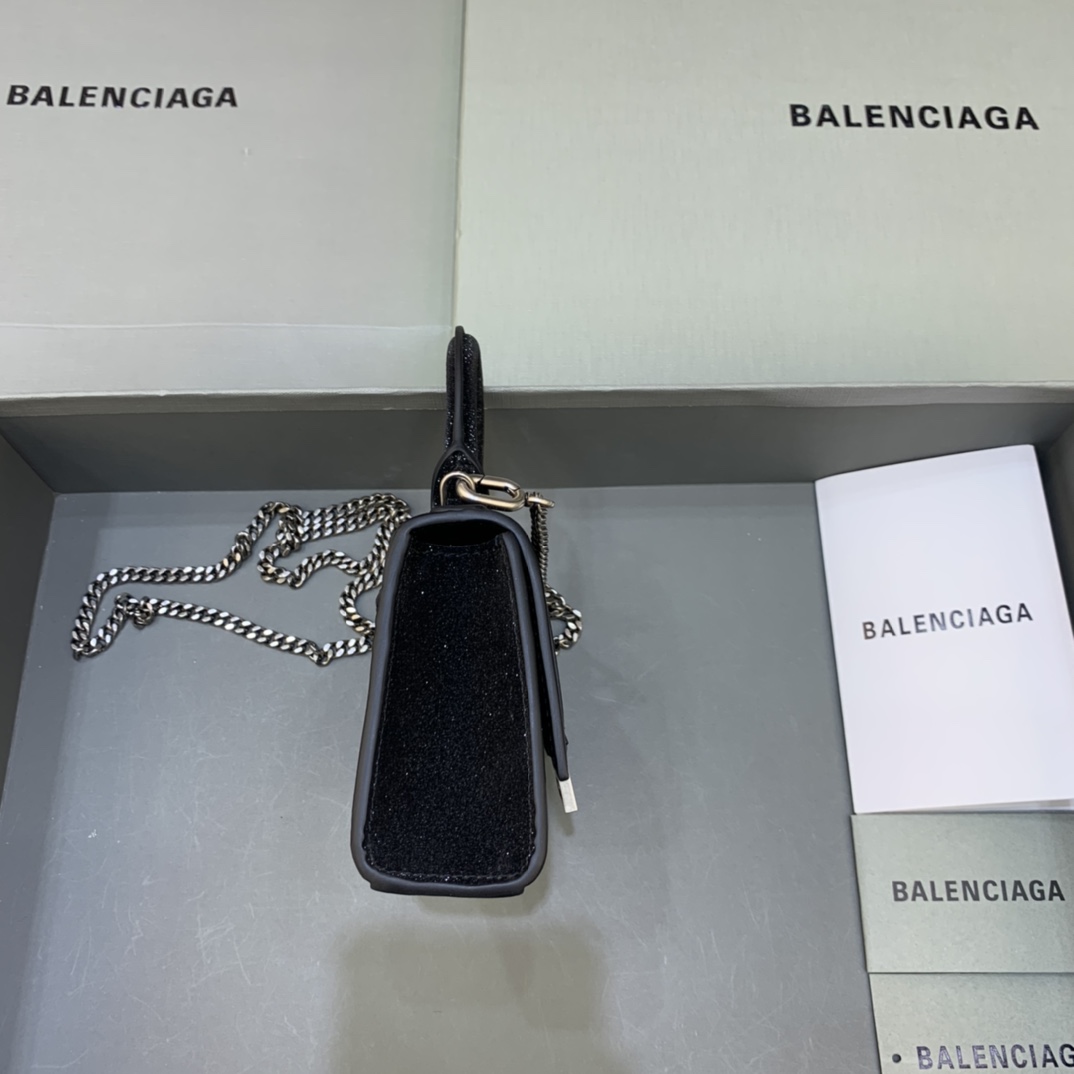 Balenciaga Hourglass Mini Handbag With Chain Calfskin Shoulder Bag Black